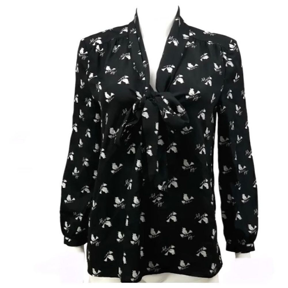 Juicy Couture Black Bird Long Sleeve Silky Blouse Top Shirt Women’s Small Y2K